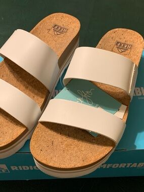Womens Reef White Double-Strap Cork Slide Sandals size 9